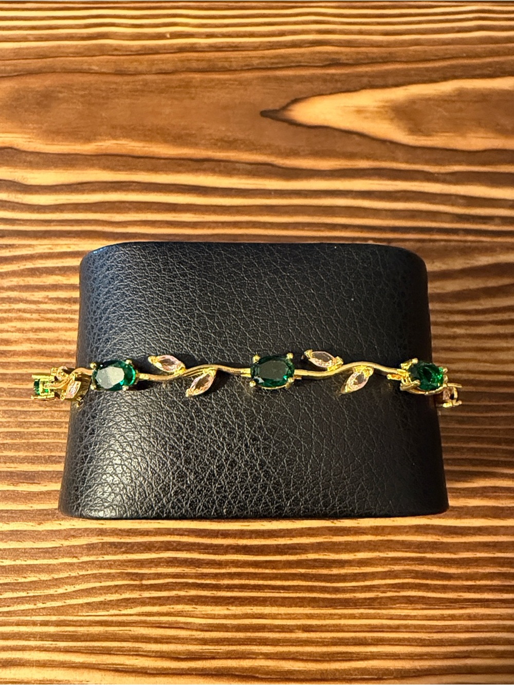 Gold Plated Bracelet Emerald Green with light pink Stones